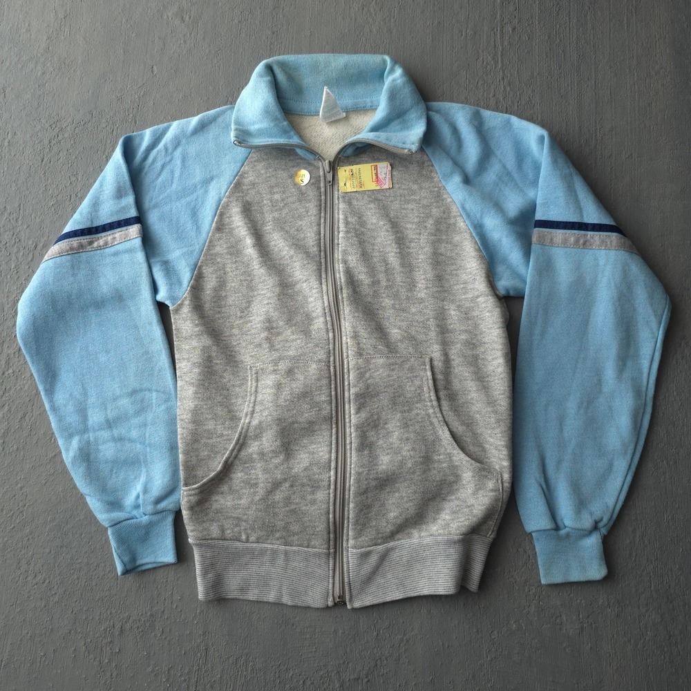 Vintage 80s Sportswear Blue Grey Full Zip Track Jacket Small Raglan USA Made
